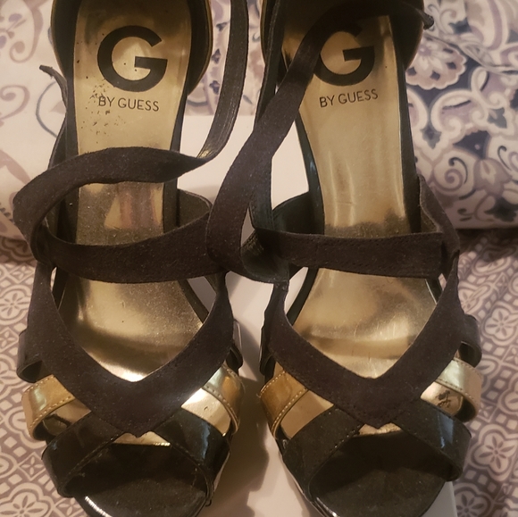 G by Guess Shoes - Guess black and gold strappy heel